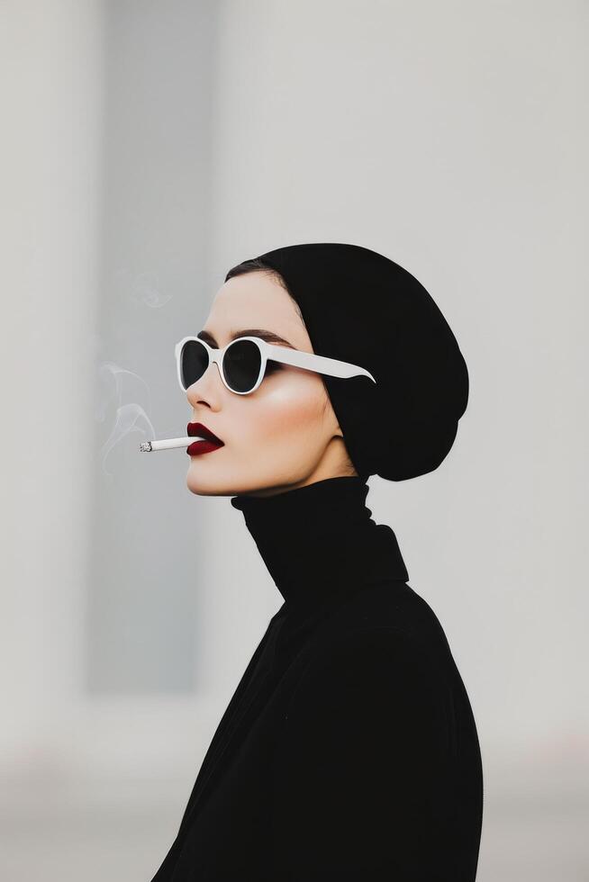 Elegant Woman in Black Attire Smoking With Stylish Sunglasses Outdoors photo