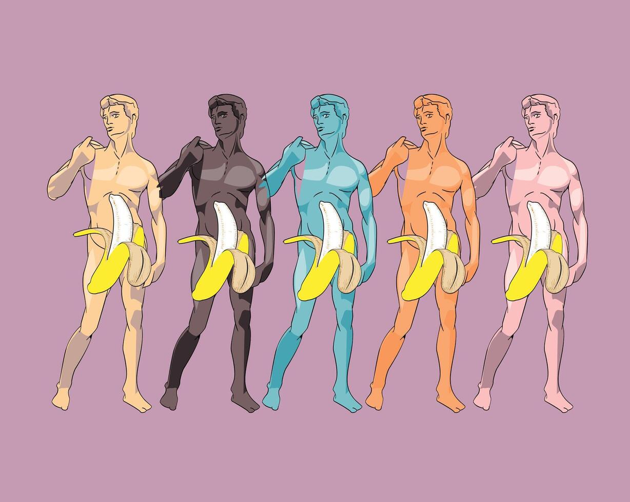 T-shirt design featuring five naked men with different skin colors and a big banana. Michelangelo's David repeated in pop art style. Gay pride and diversity. vector