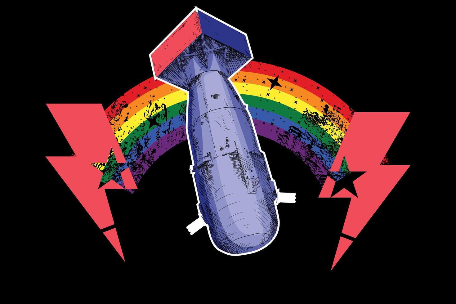T-shirt design of an atomic bomb next to two thunderbolts symbols and a large rainbow. Gay pride against war. vector