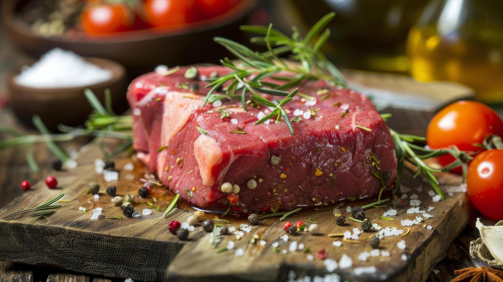 Raw Meat, Herbs, and Tomatoes on Cutting Board photo