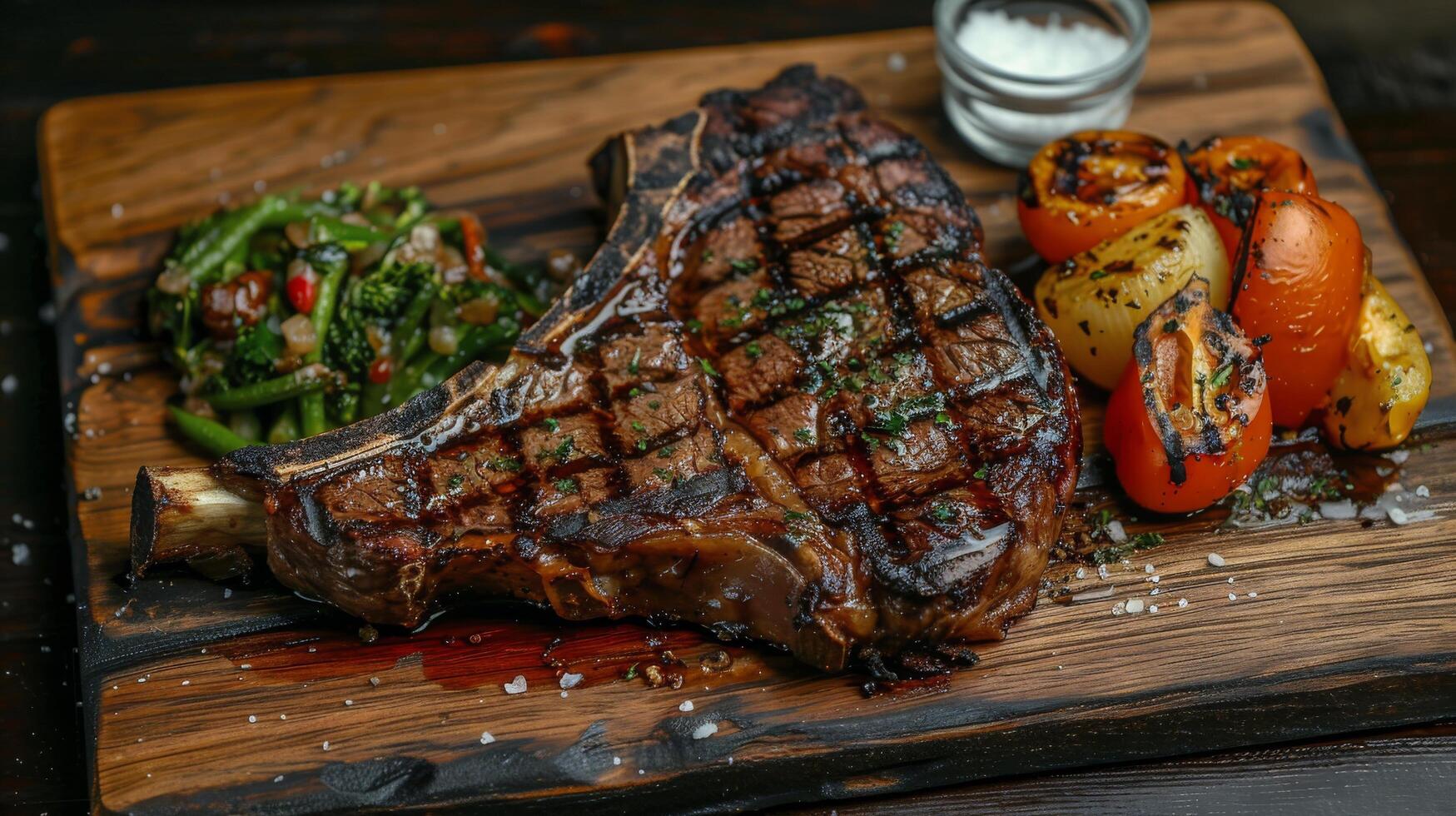 Juicy Steak With Vegetables on Cutting Board photo