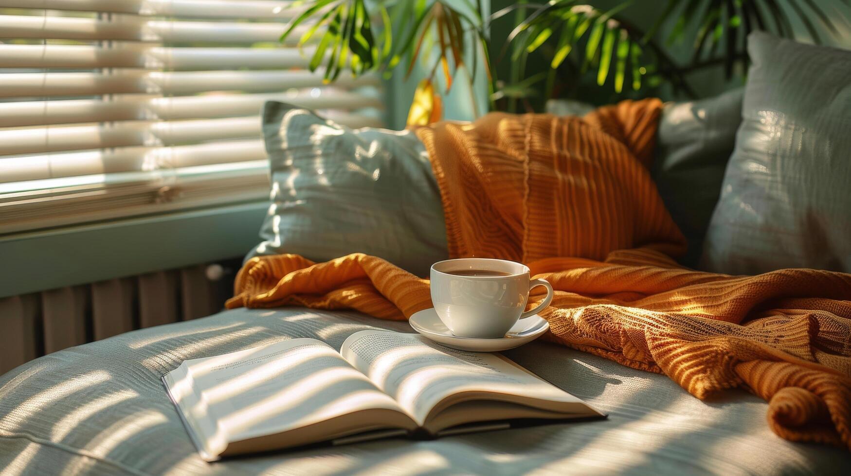 A Cup of Coffee and a Book on a Couch photo