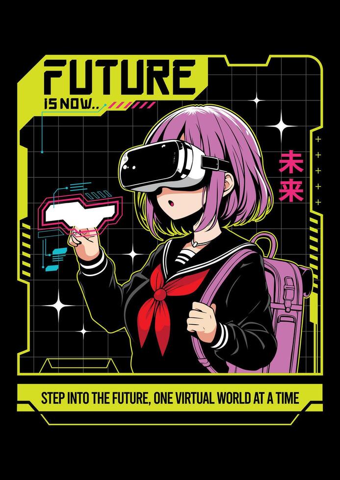 Anime girl poster in manga style. Tokyo Japan anime girl with concept of virtual reality,retro,futurism,futuristic,cyberpunk. Japanese y2k illustration. Kanji translation is Future vector