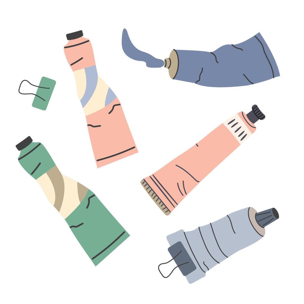 Colour, paint tubes. Squeezed squashed wrinkled packs of dye with spilled oil color splash. Flat illustration isolated on white background vector