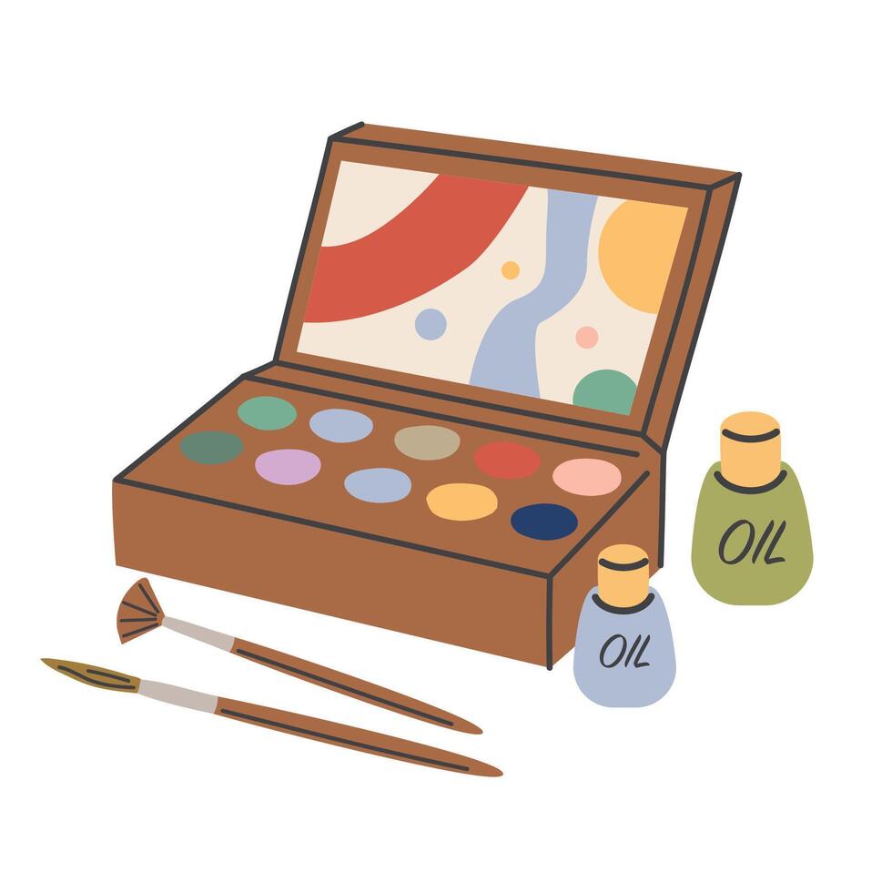 illustration of a set of paints, brushes and a palette. Oil, gouache, watercolor paints. Flat graphic illustrations isolated on white background vector