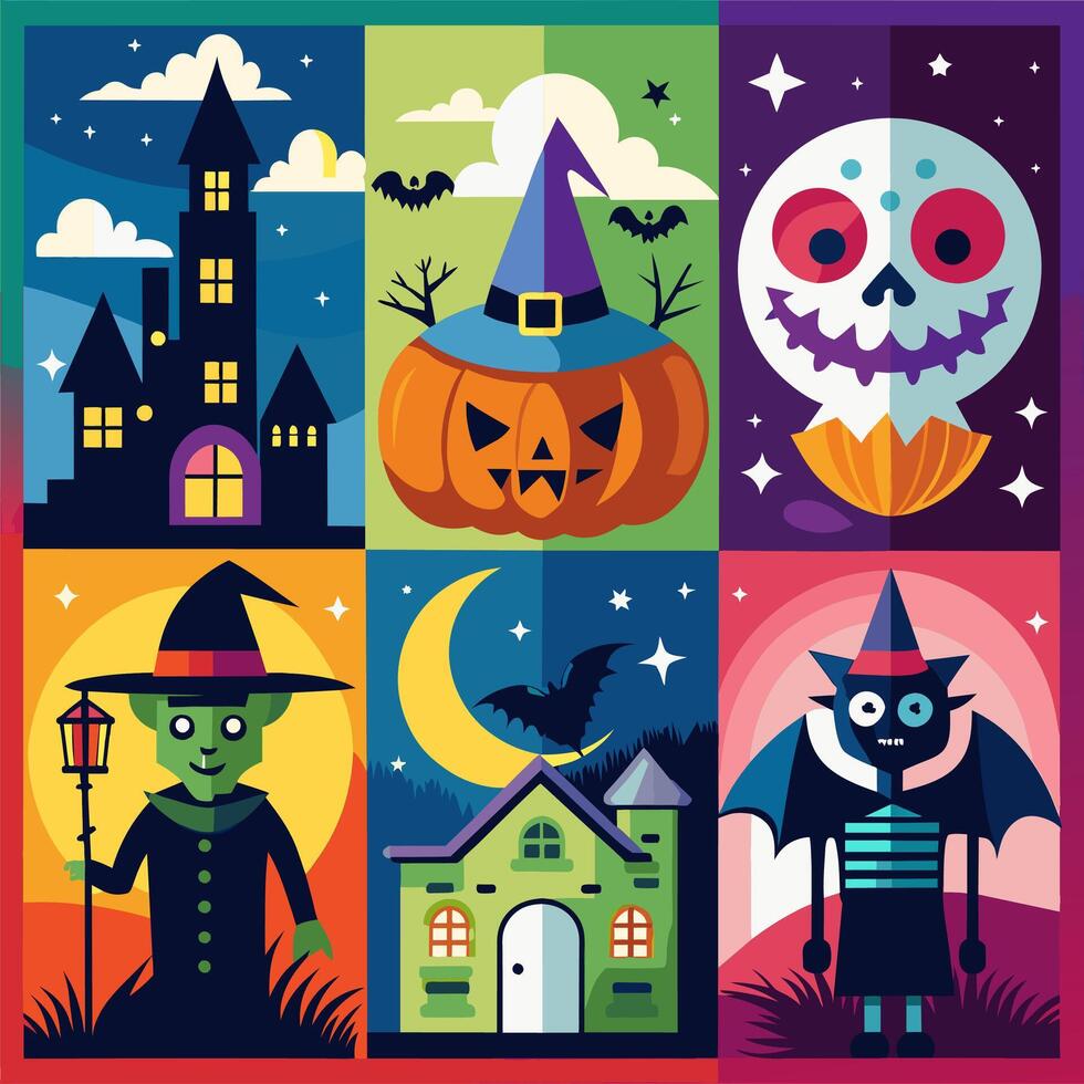 A collection of Halloweenthemed icons designed in a flat style vector