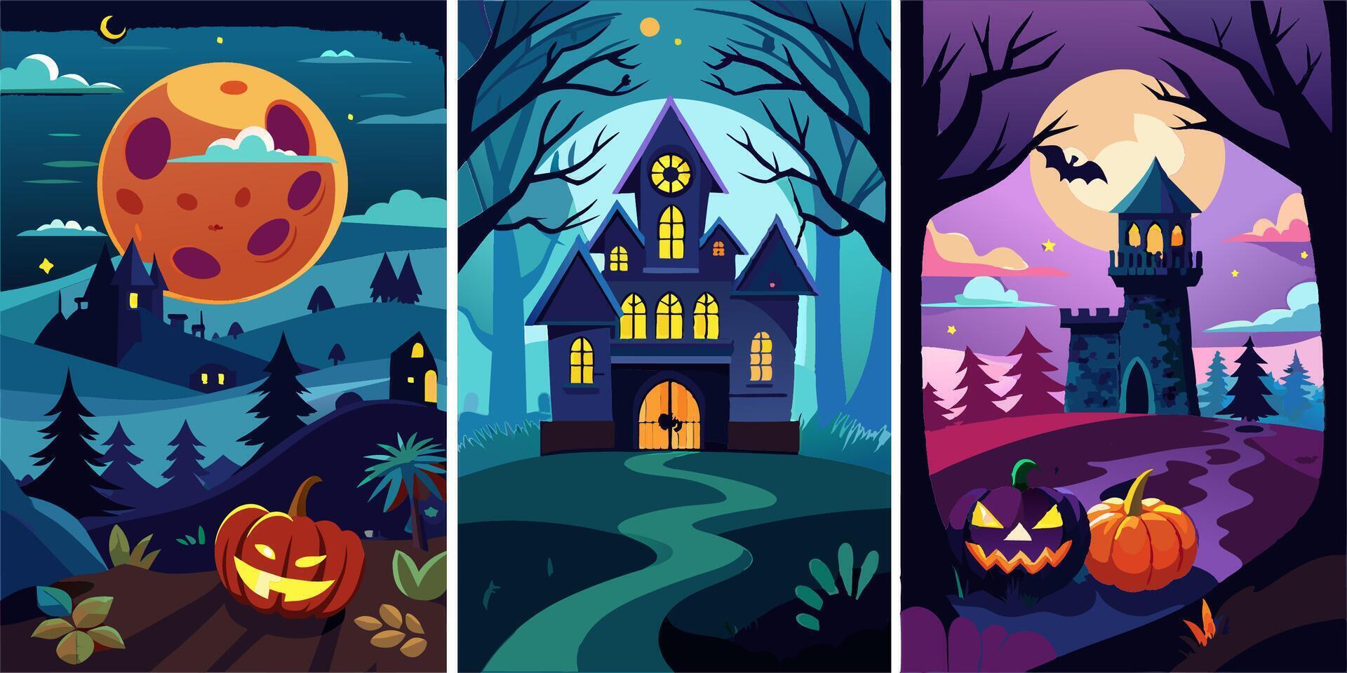 Three Halloween posters with pumpkins, a haunted house, and a full moon vector