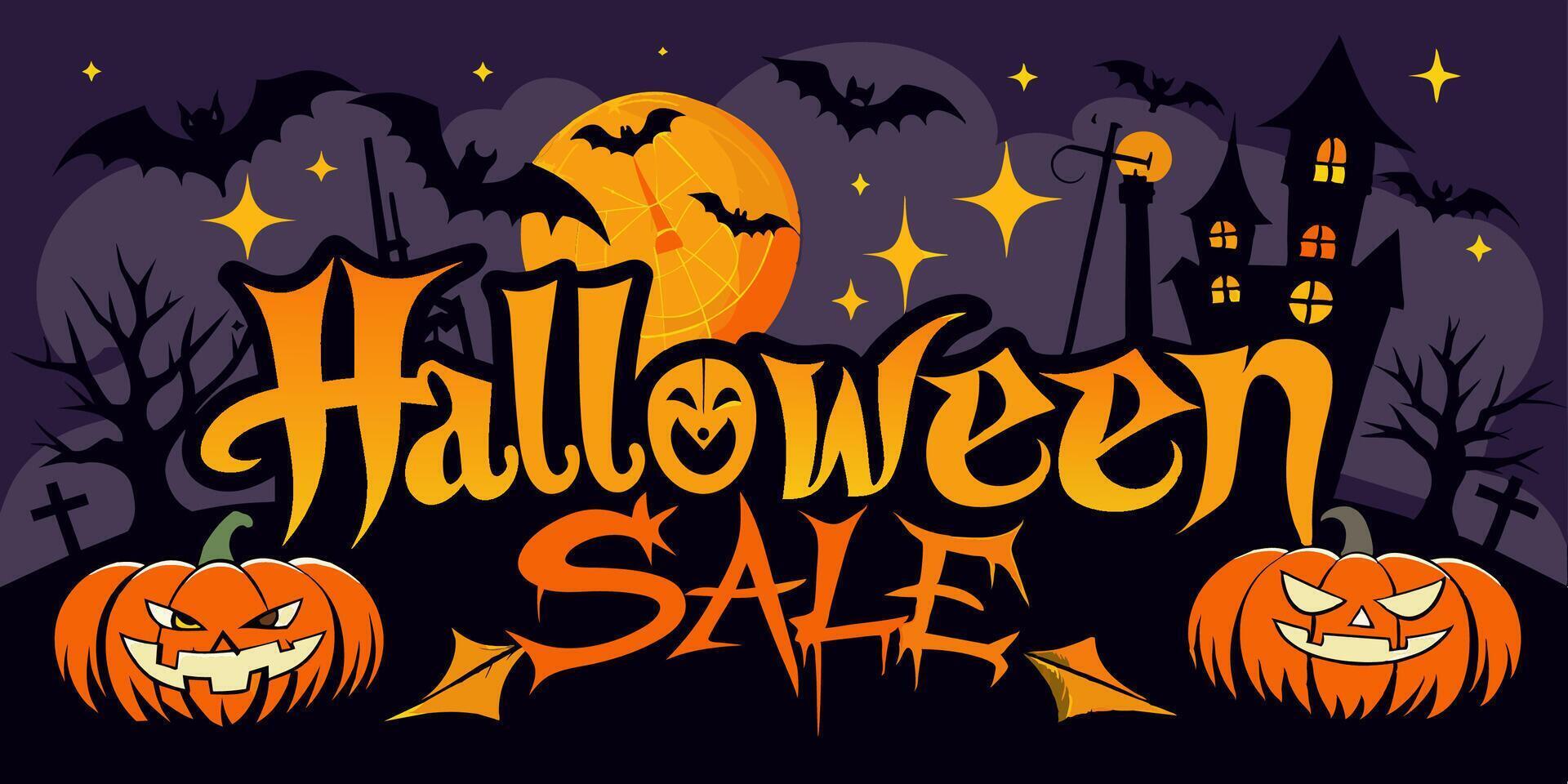 Halloween sale banner with pumpkins, bats, and a haunted house vector