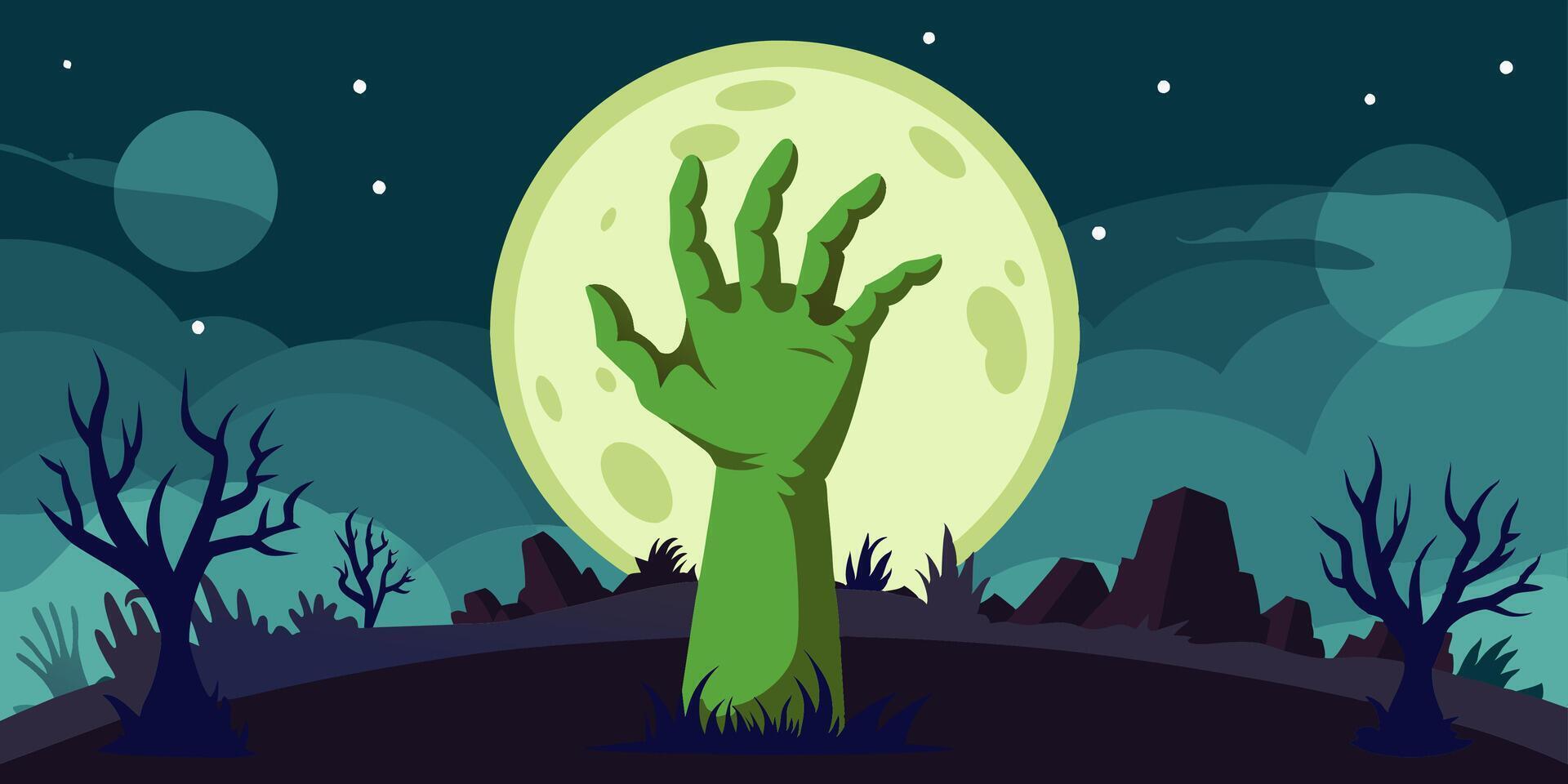A zombie hand emerges from the ground under a full moon vector