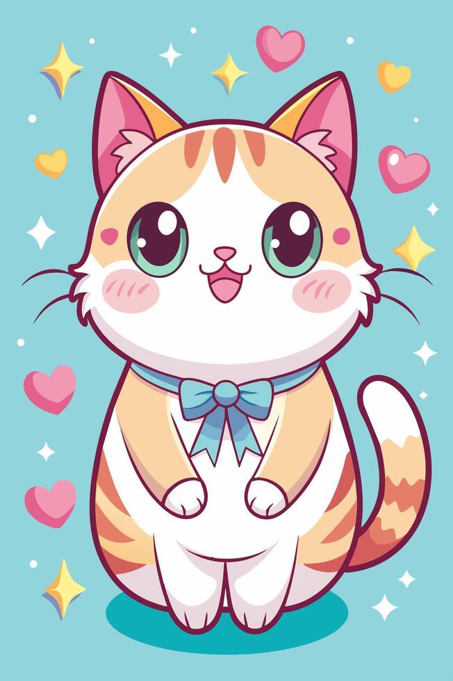 A cartoon illustration of a cat wearing a bow tie and surrounded by hearts vector