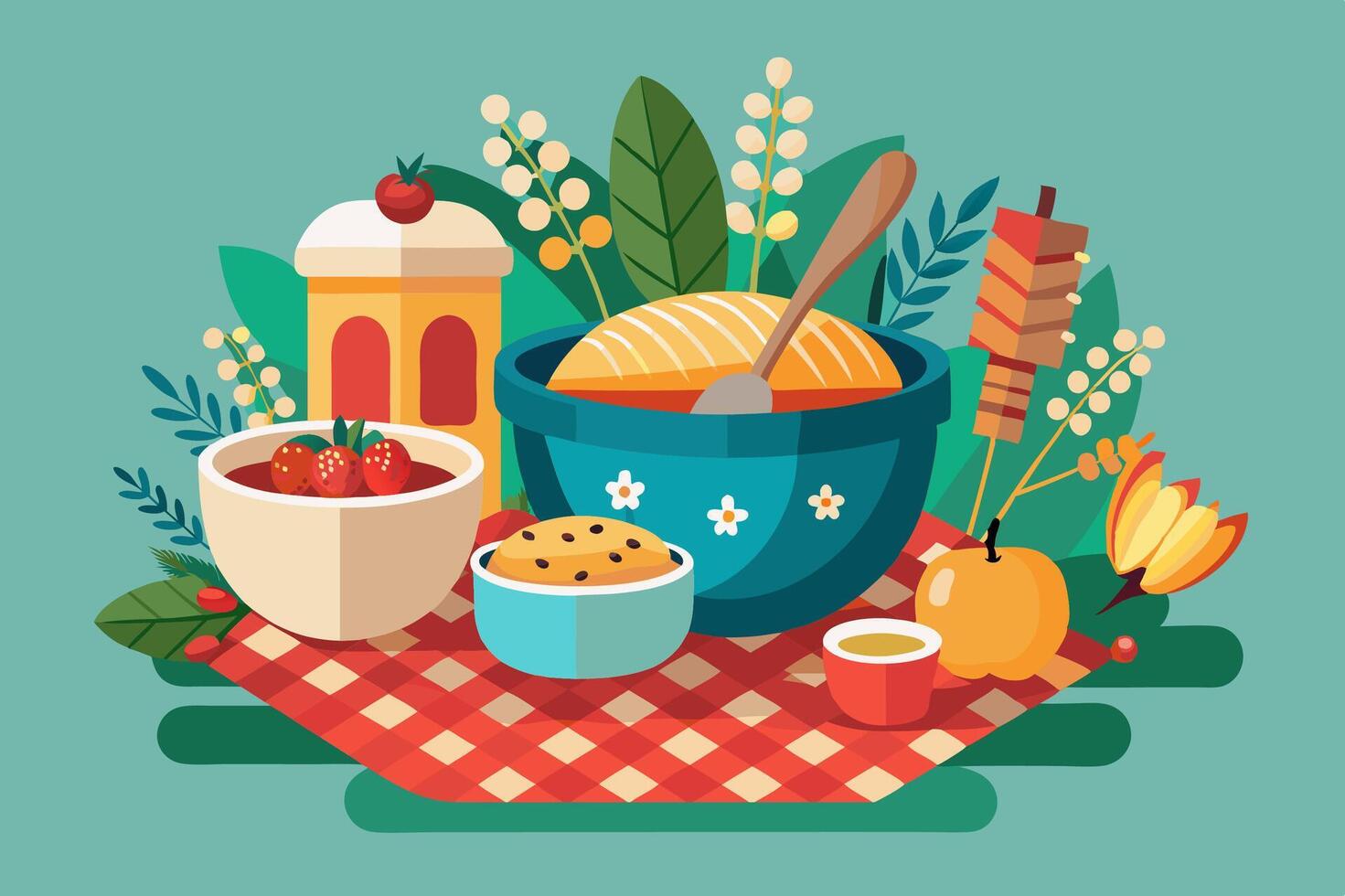 There are various kinds of food spread out on the table vector