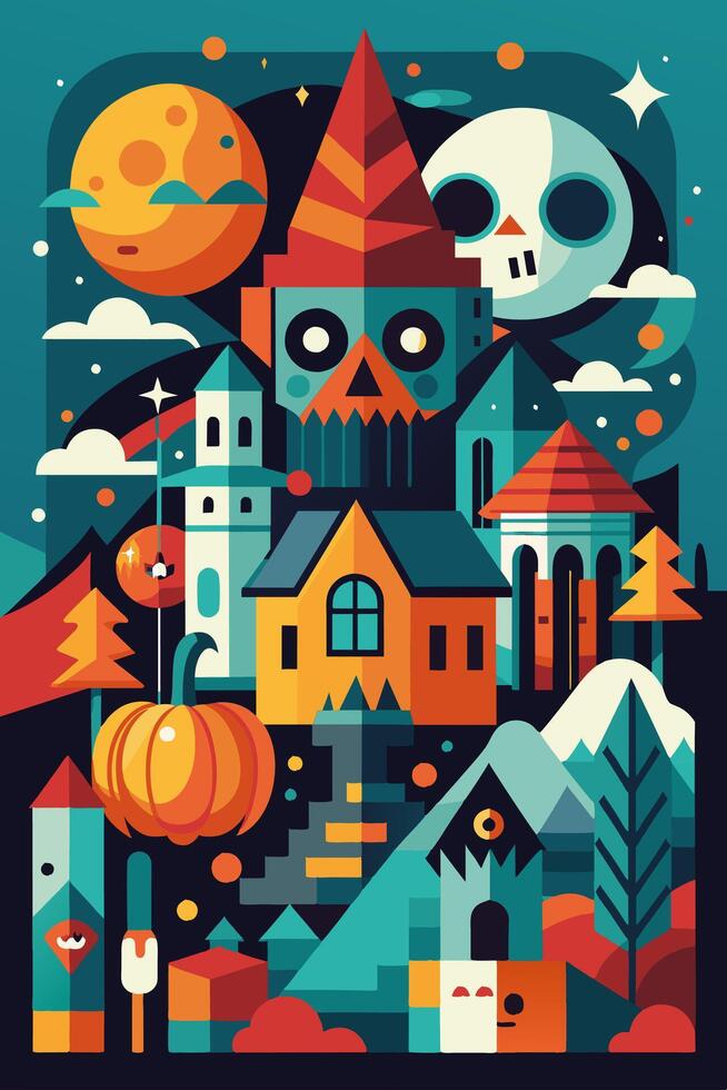 A vibrant illustration of a castle with a skull atop it vector