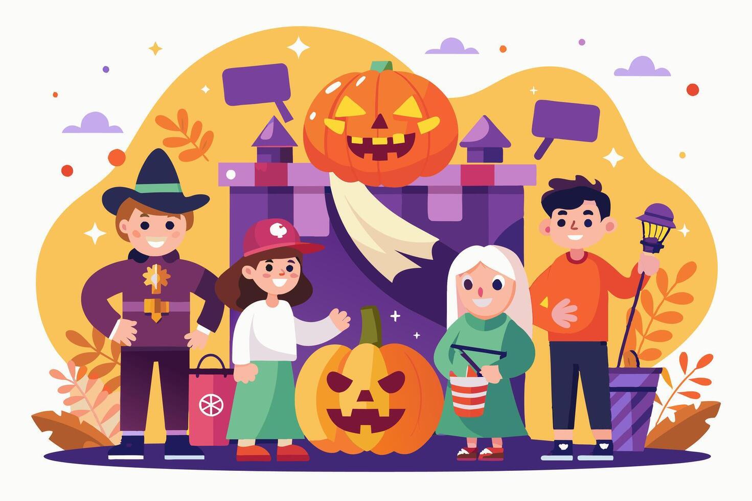 Children in halloween costumes in front of a castle with pumpkins vector