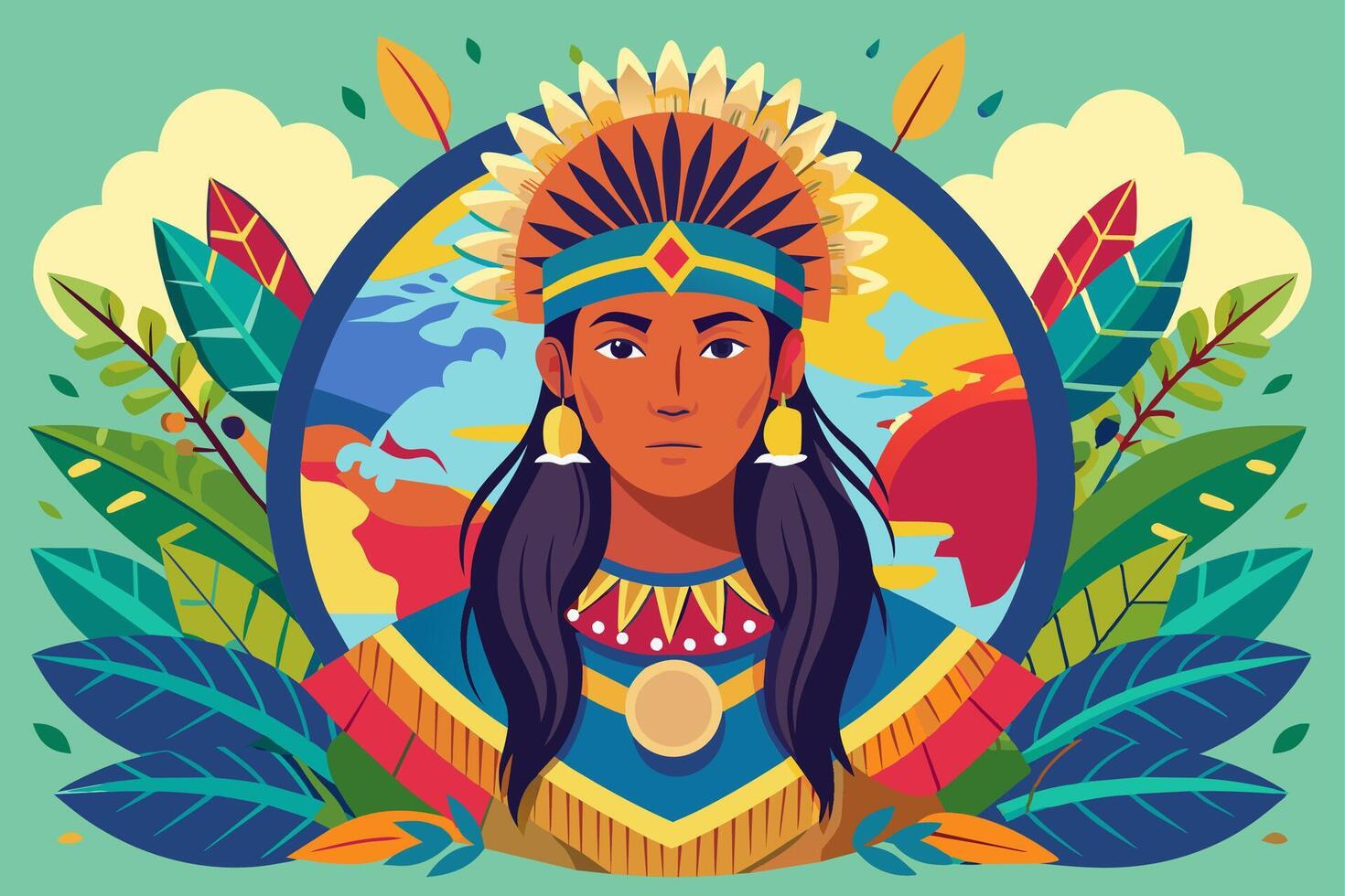 Illustration of a native american chief with feathers and leaves vector