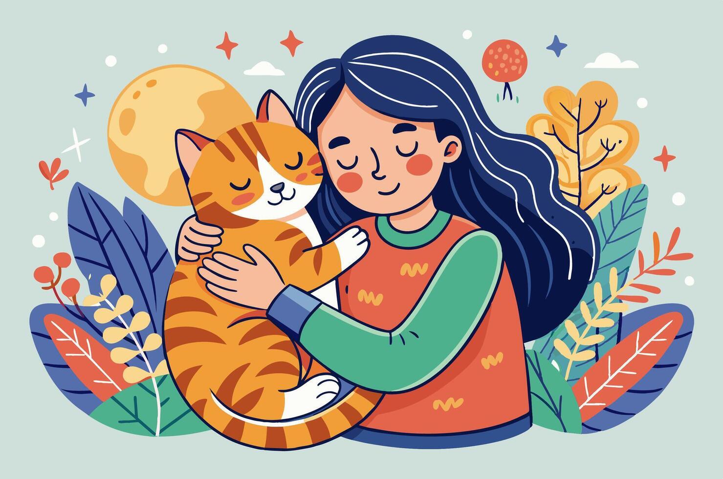 A woman is holding a cat in her arms while smiling and looking happy vector