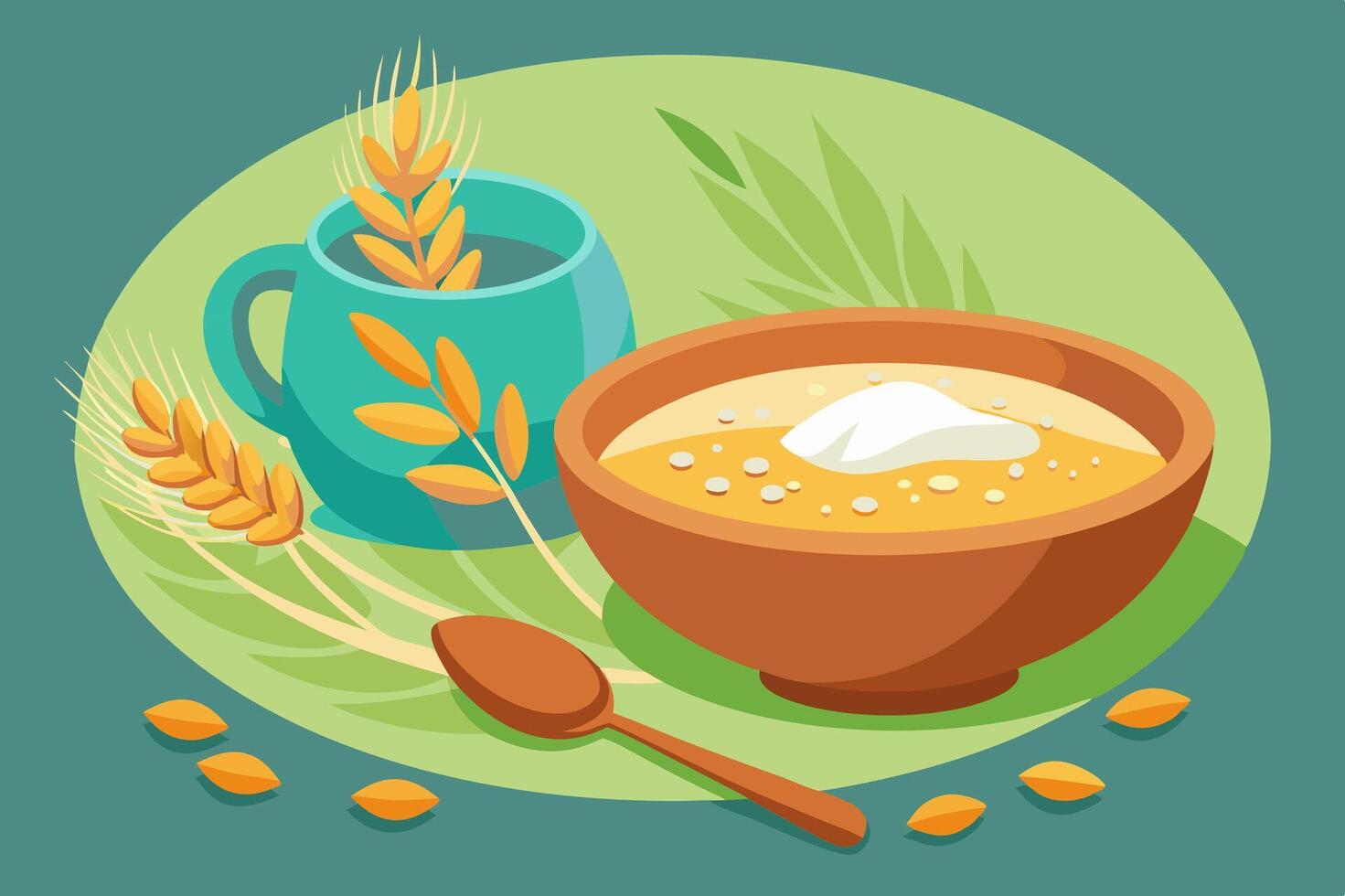 On the table, you can see a bowl of soup and a cup of cereal vector