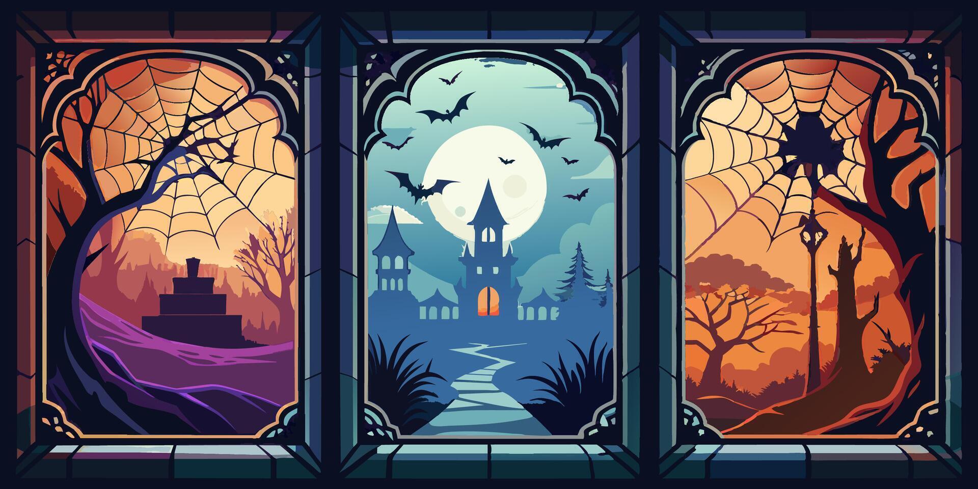 Halloween stained glass windows in dark, eerie setting with blue tones vector