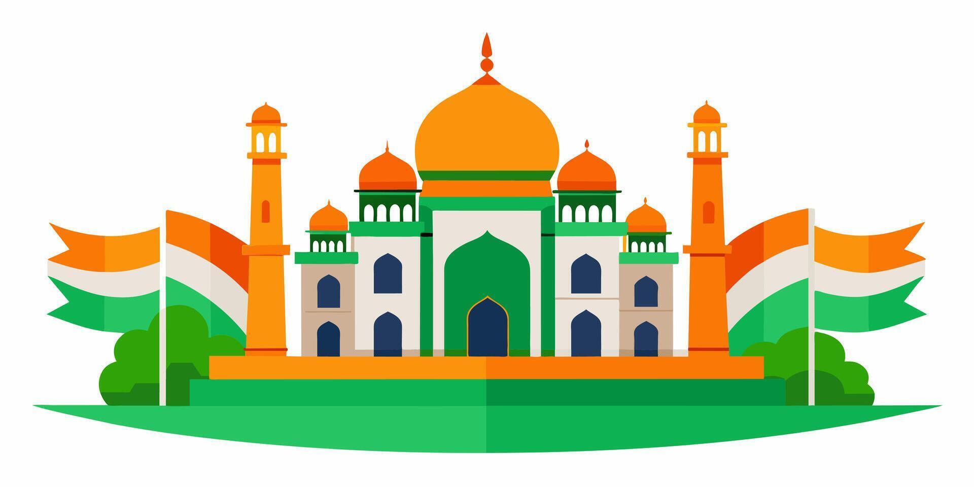 Taj Mahal with Indian Flags and Greenery vector