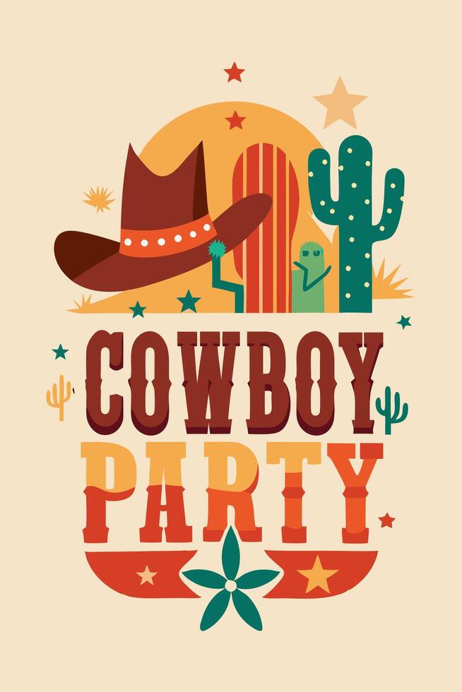 The cowboy party poster includes a hat, cactus, star, and more graphics vector