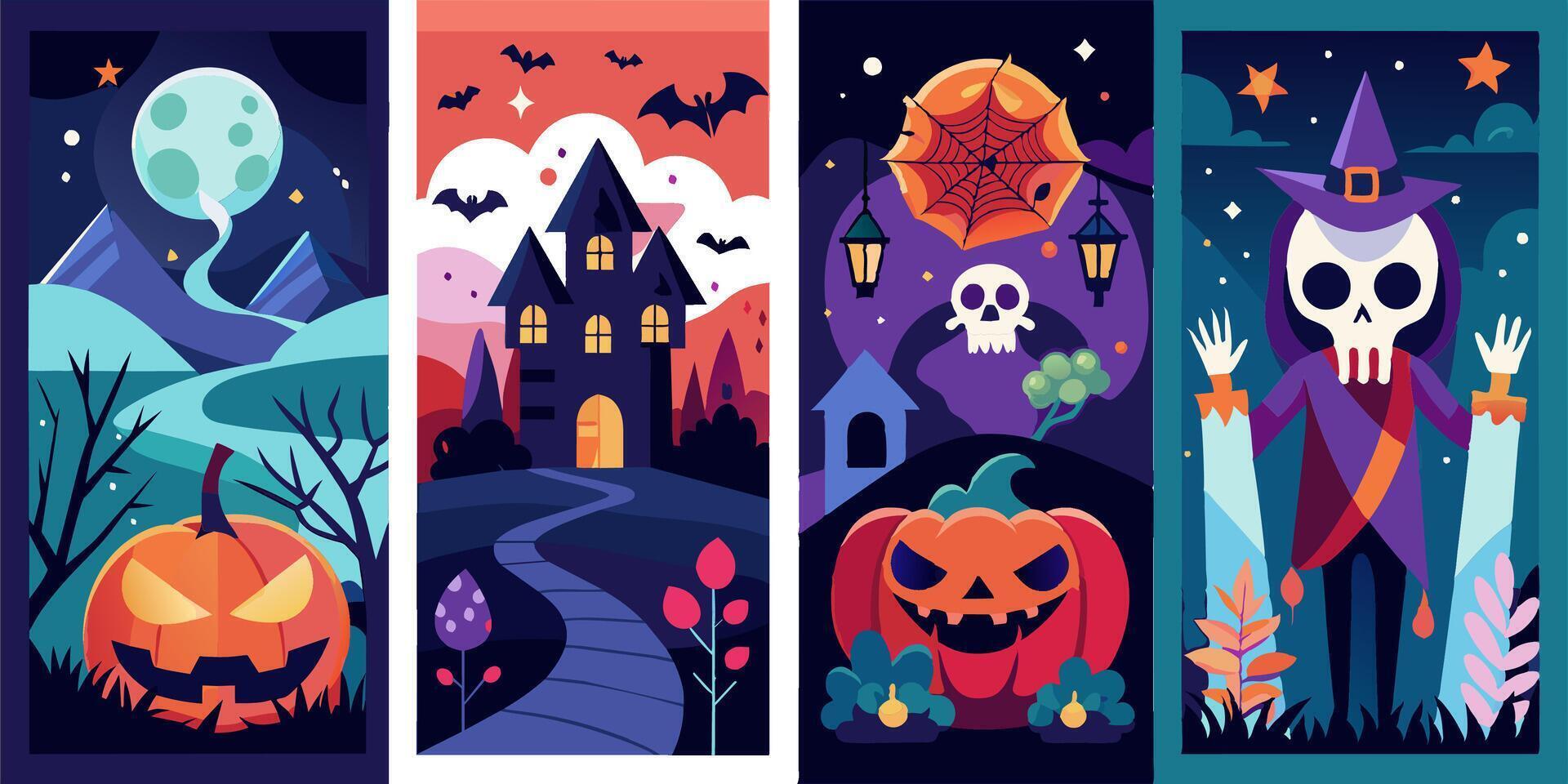 Set of four halloween banners with pumpkins, castle, witch, and skull vector