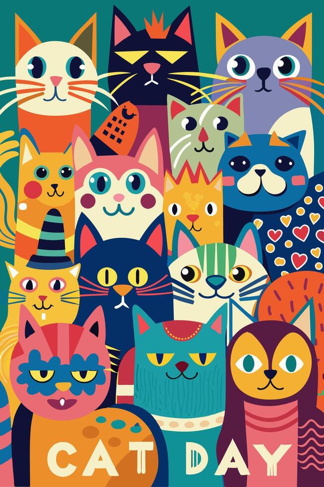 Cats standing next to each other on green background vector