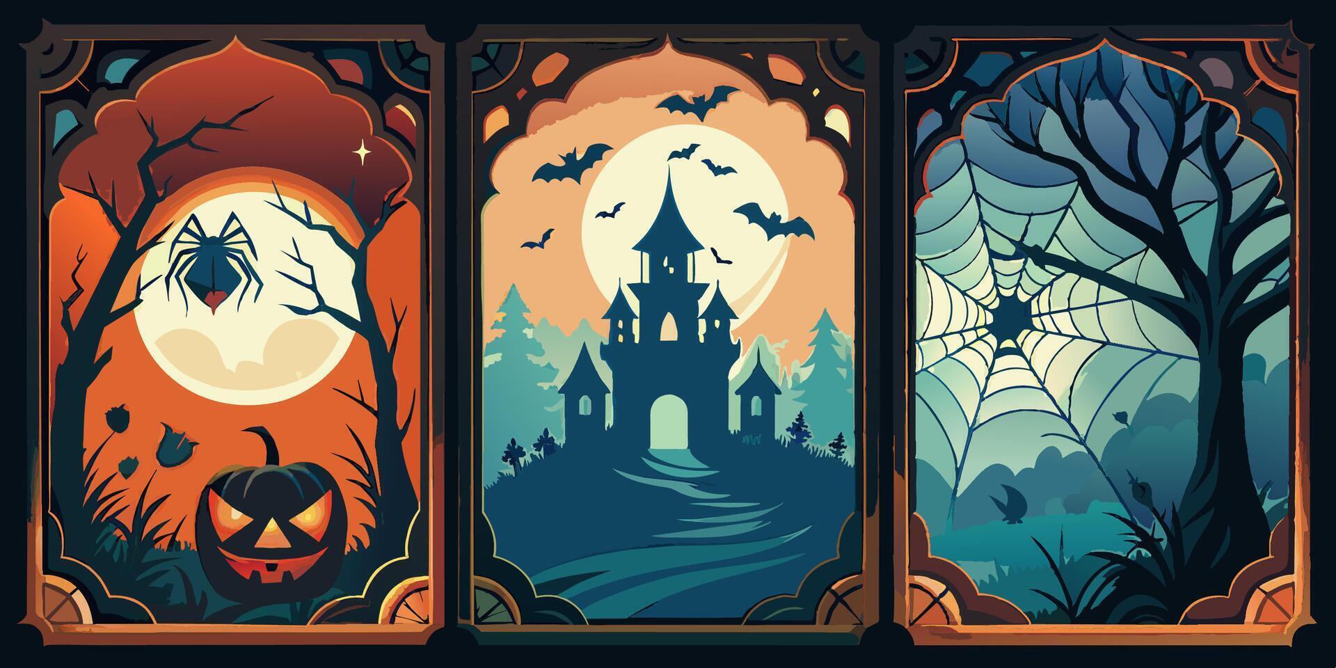 Three Halloween cards with a castle, pumpkin, and bats vector
