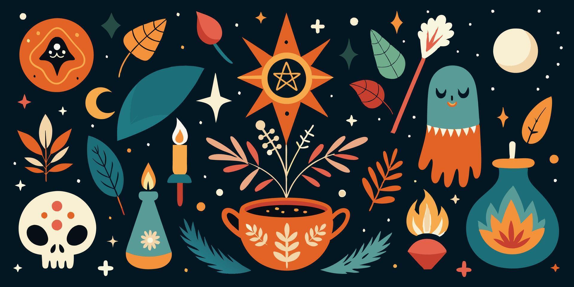 A collection of witchcraft symbols displayed against a dark backdrop vector