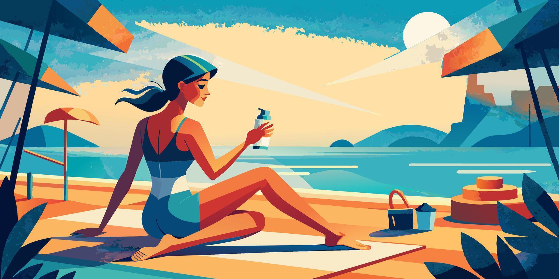 A woman in a cartoon style on a beach putting on sunscreen vector