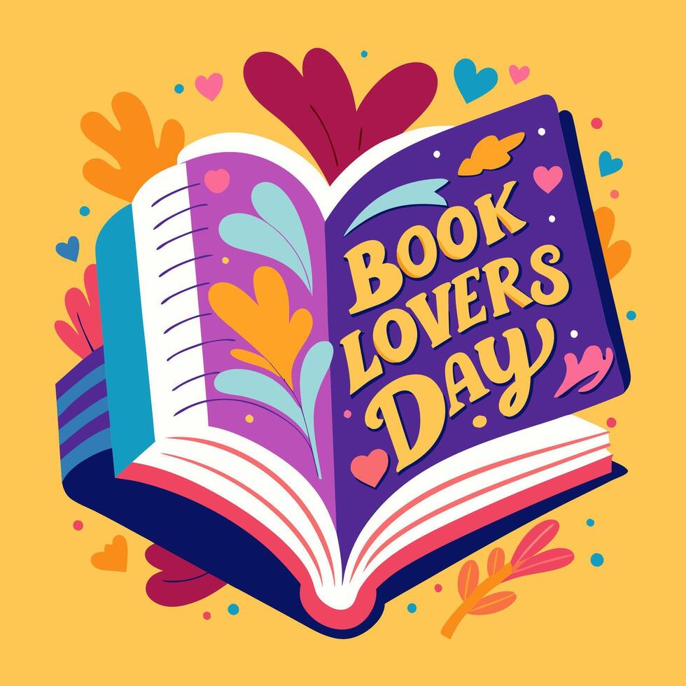 An illustration of an open book with book lovers day written on it vector