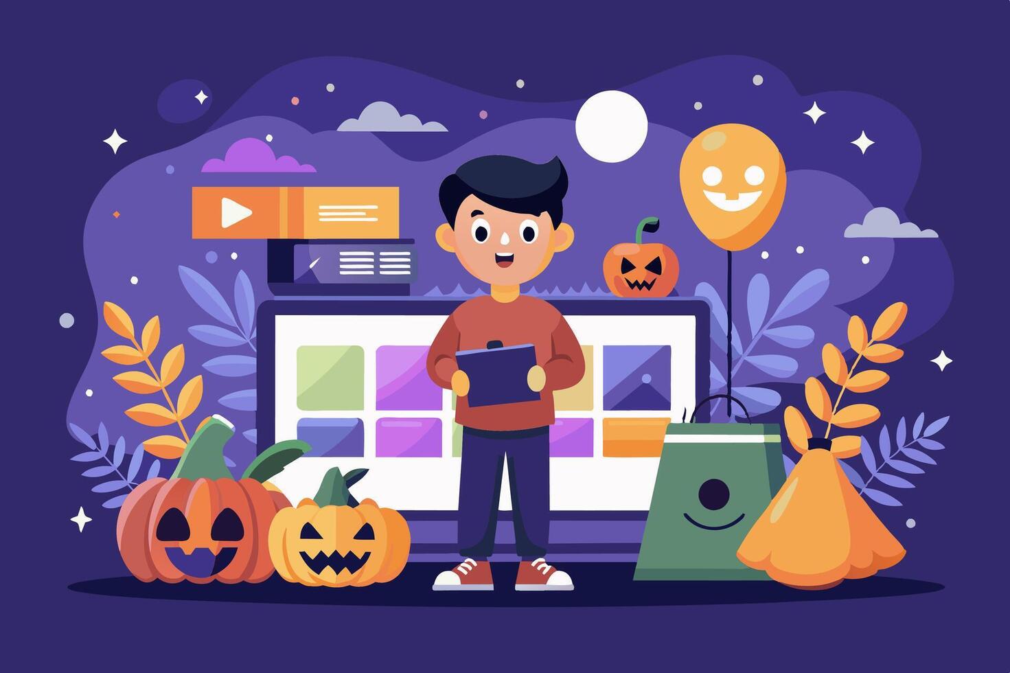 A boy is standing in front of a laptop surrounded by pumpkins and balloons vector