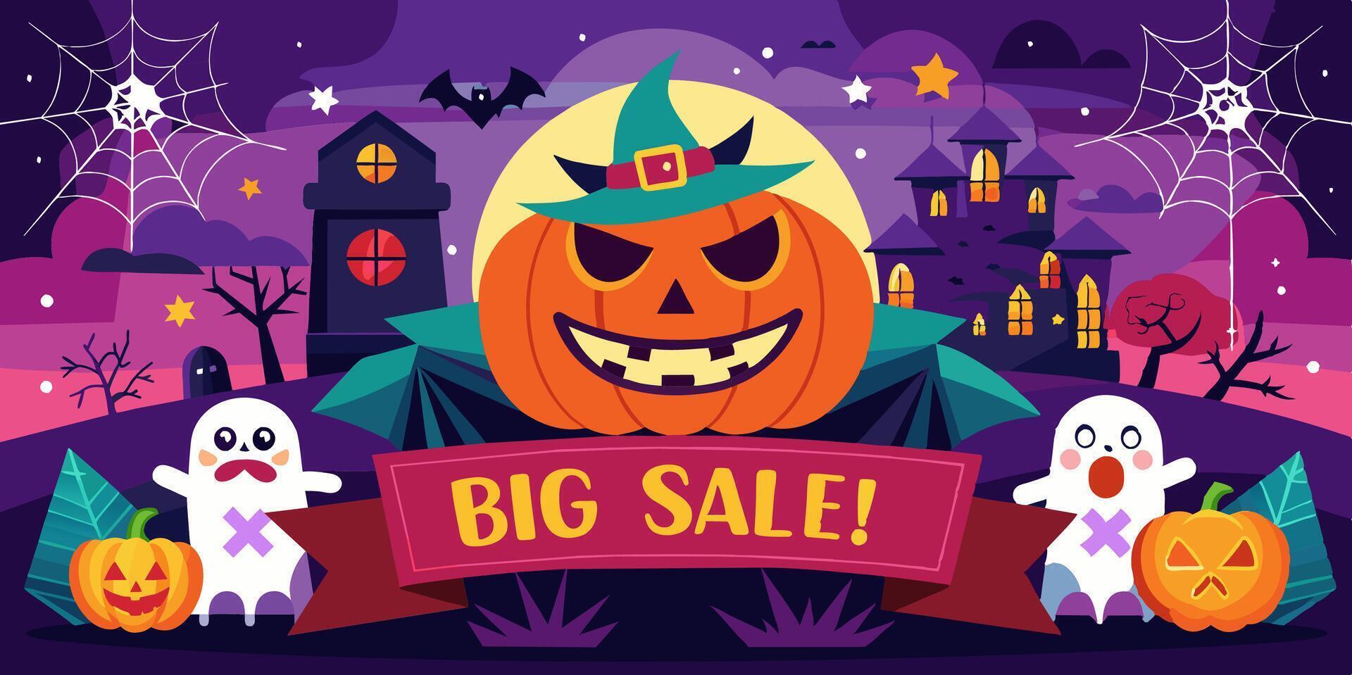 A halloween banner with pumpkin, witch hat, and ghosts vector