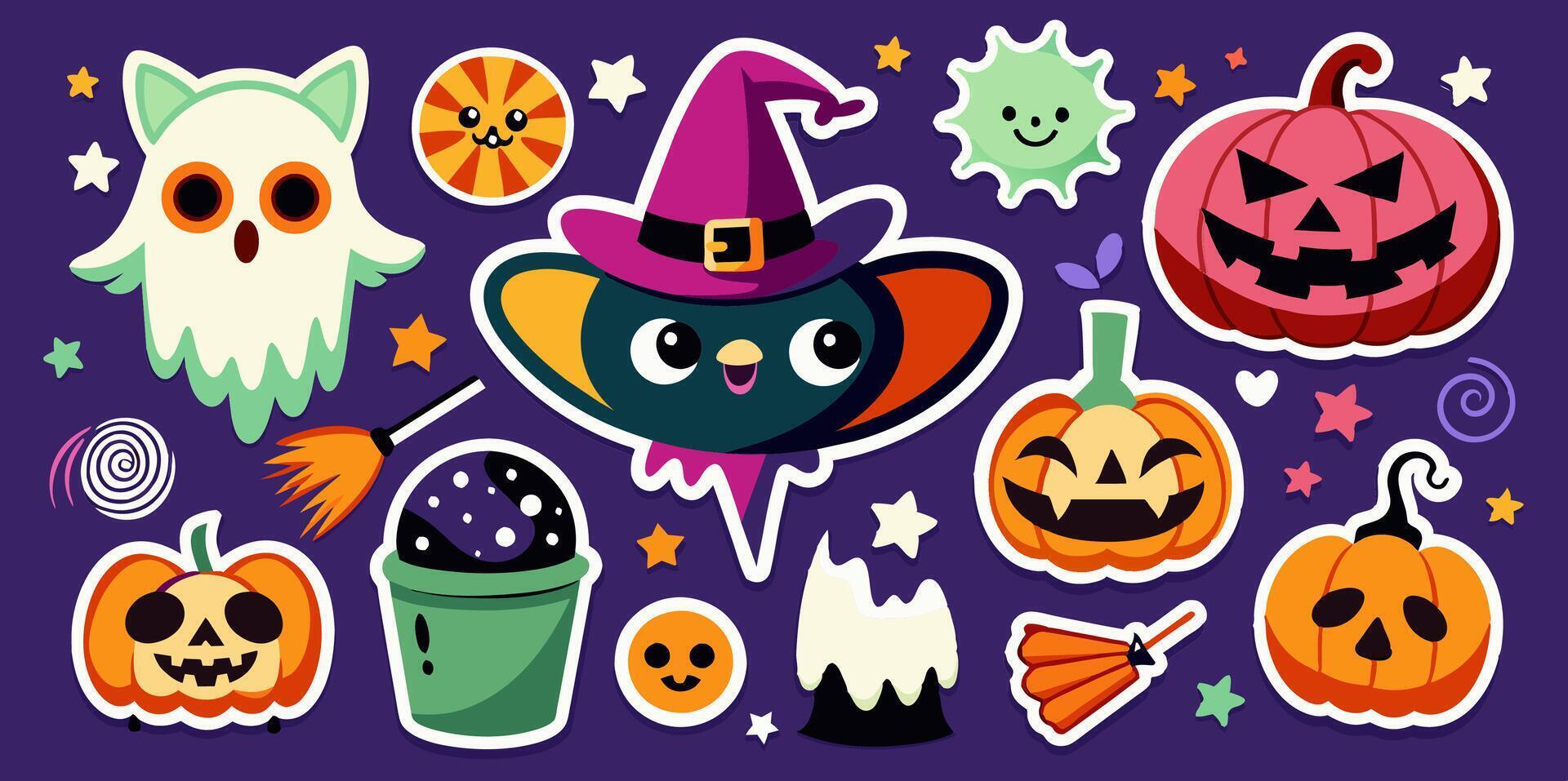 A variety of Halloweenthemed stickers displayed against a purple backdrop vector