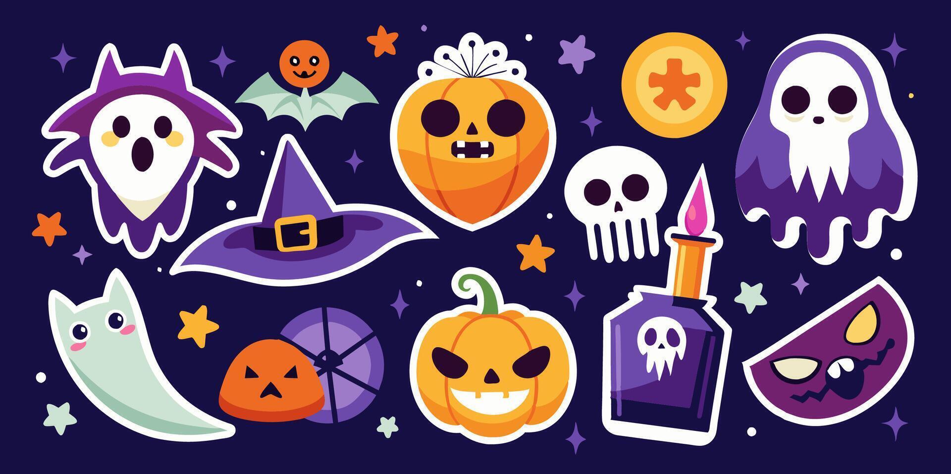 A variety of Halloween stickers displayed on a dark blue background vector