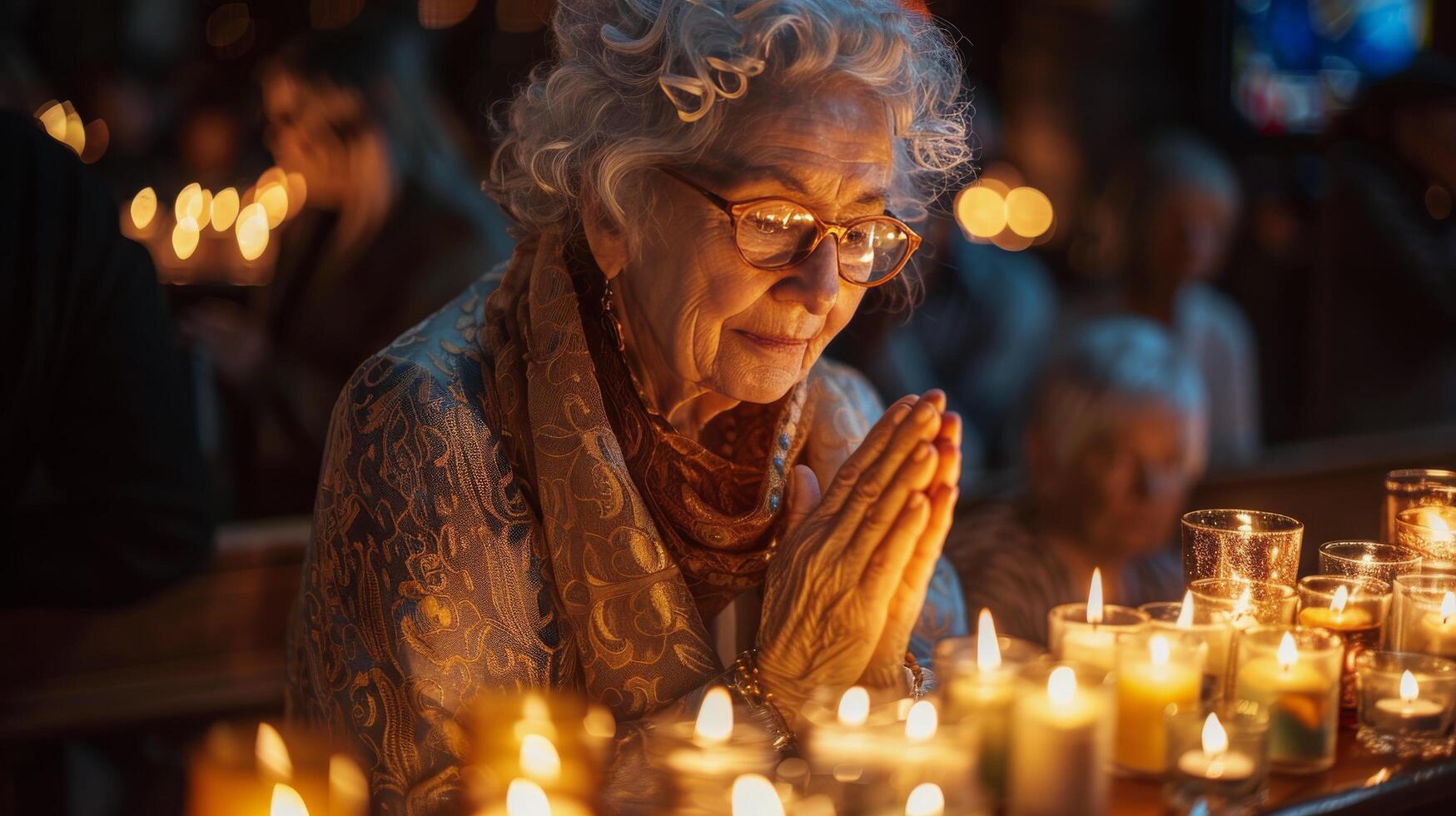Elderly Woman Sitting by Candles photo