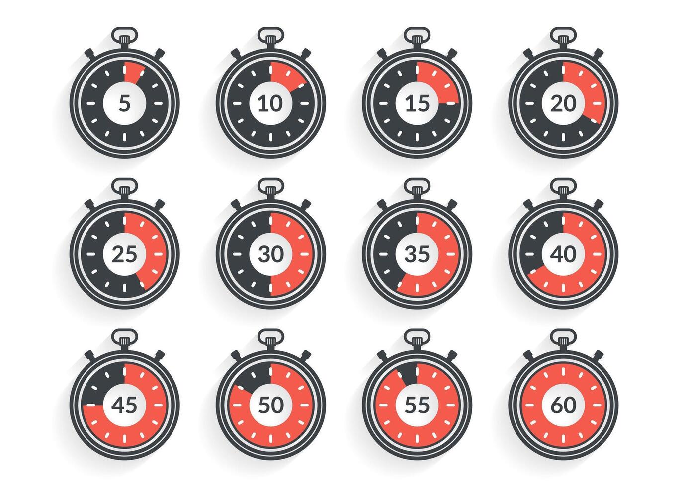 Stopwatch with different time, flat design vector
