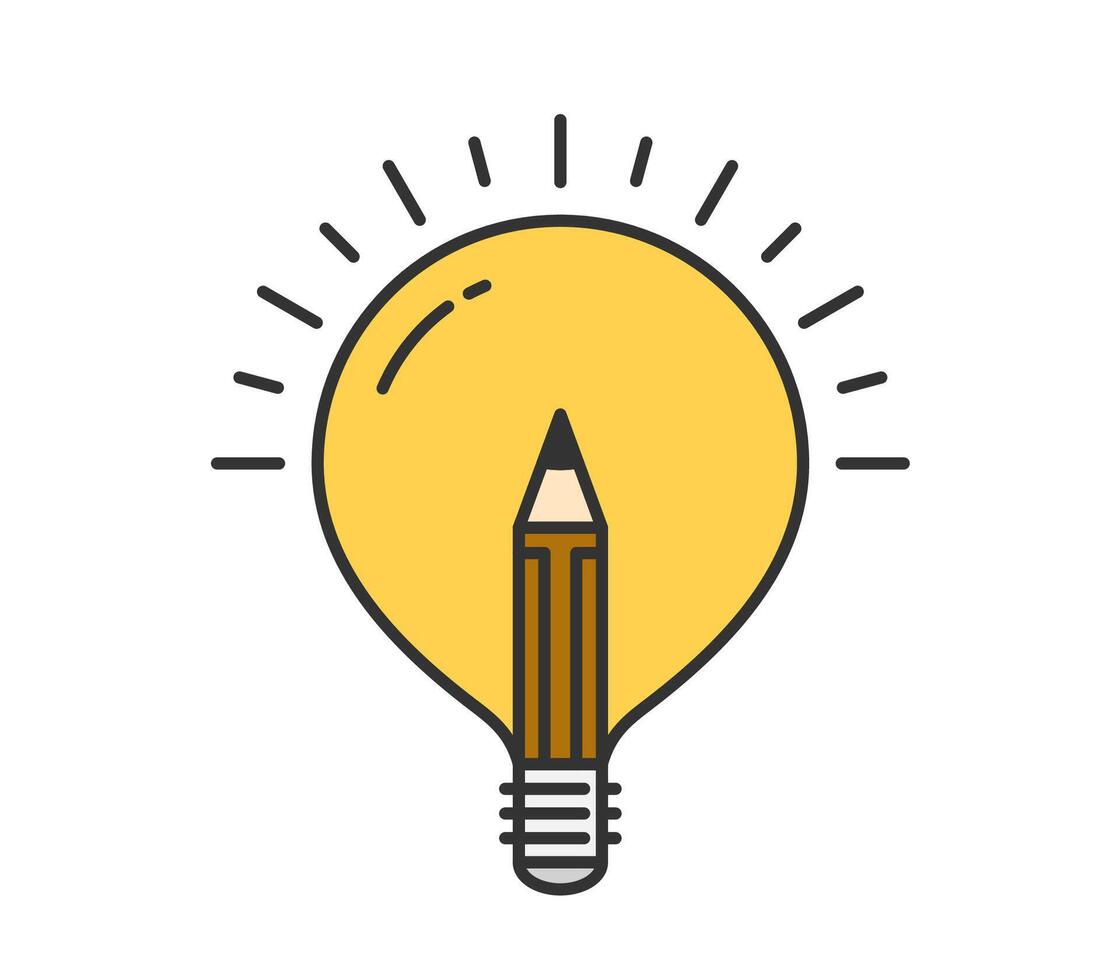Yellow bulb with brown pencil inside, creative idea or education concept vector