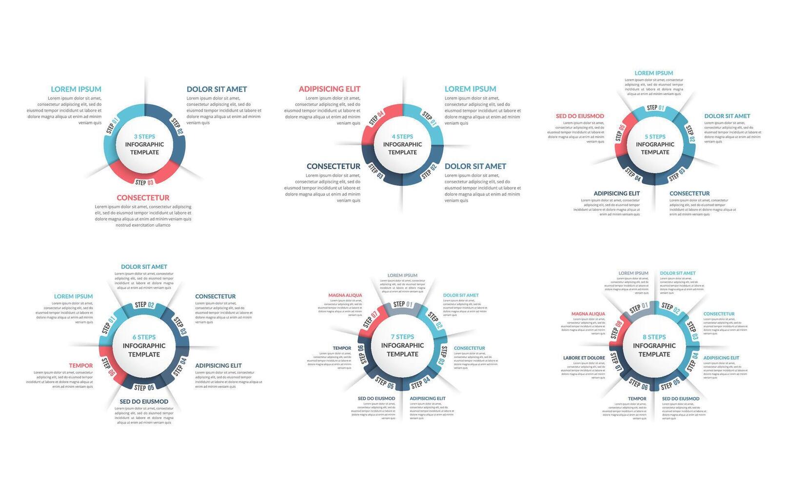 Circle diagram templates set - 3, 4, 5, 6, 7 and 8 elements, circle infographics vector
