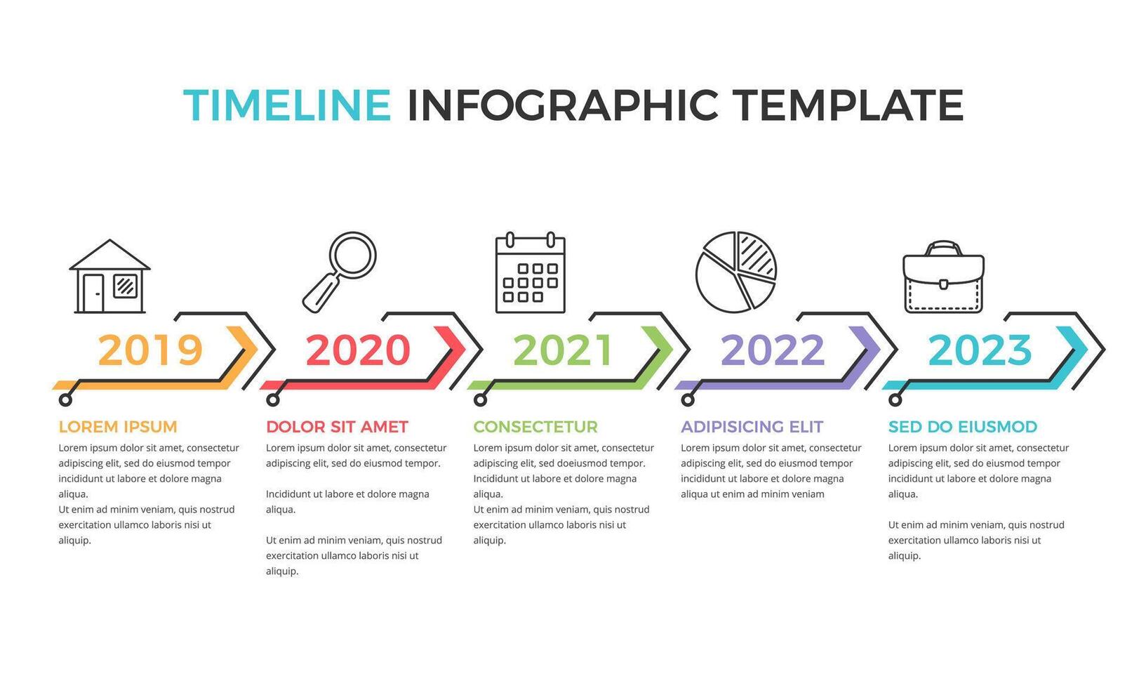 Timeline infographics template with five arrows vector