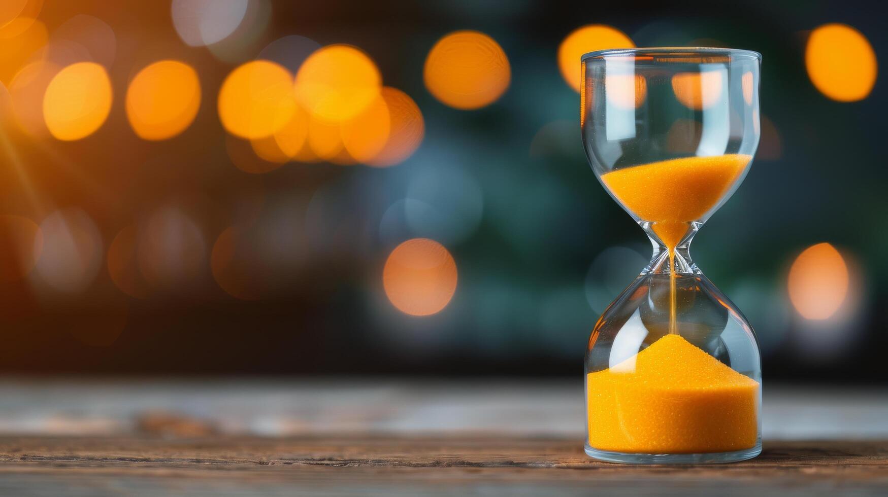 Yellow Sand Hourglass Surrounded by Flowers on Wooden Surface photo