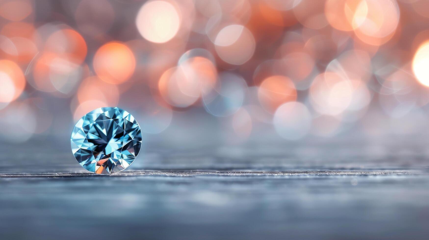 Sparkling Blue Gemstone on Reflective Surface With Bokeh Background photo