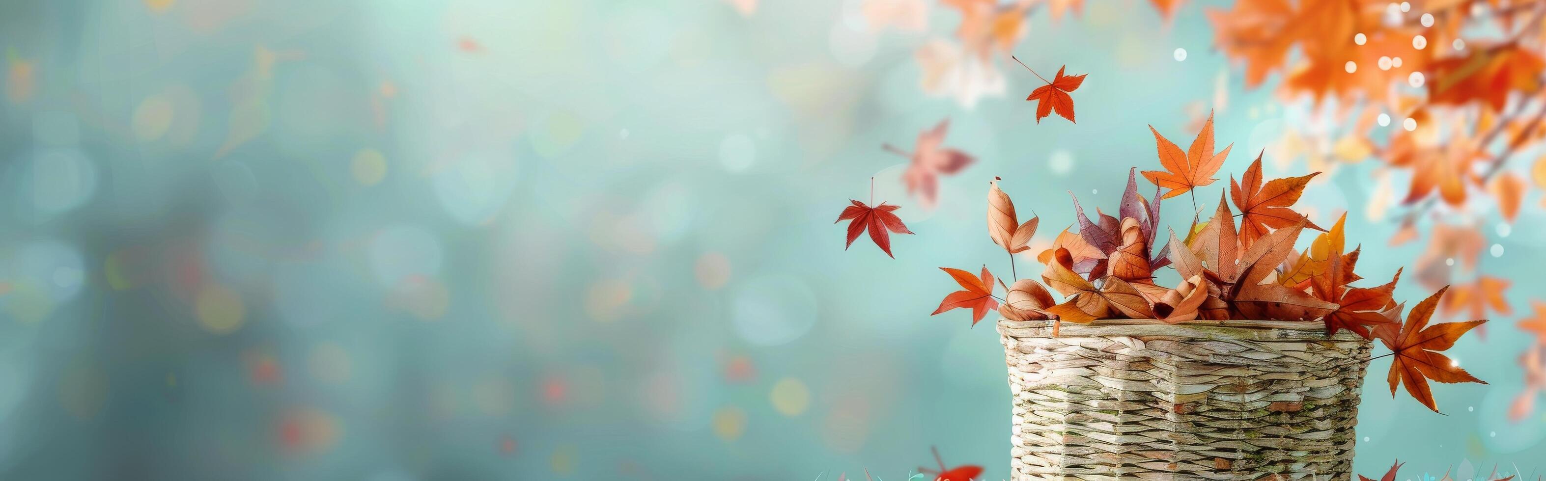 Autumn Leaves Falling From Basket Against Soft Blue Background photo