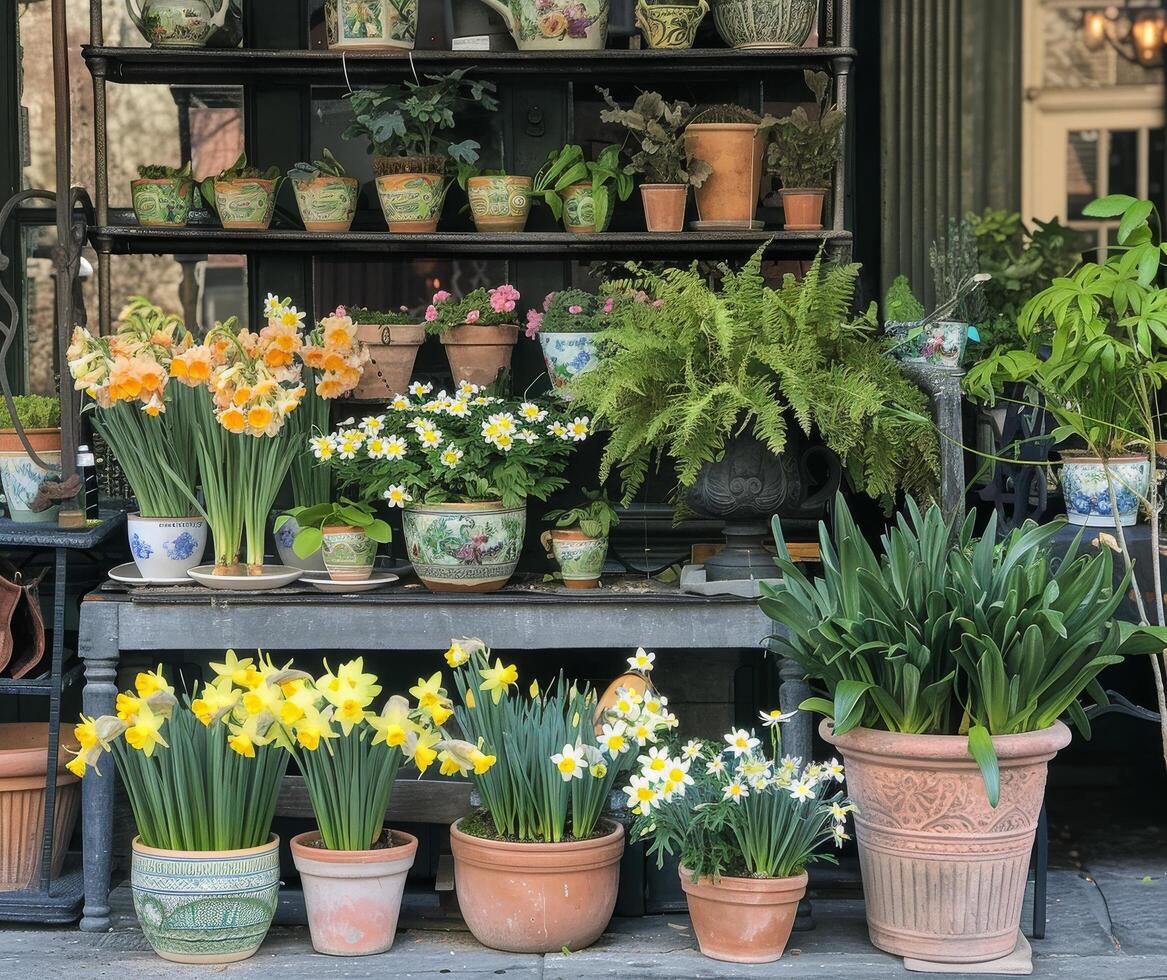 Shelf Filled With Potted Plants on Sidewalk photo