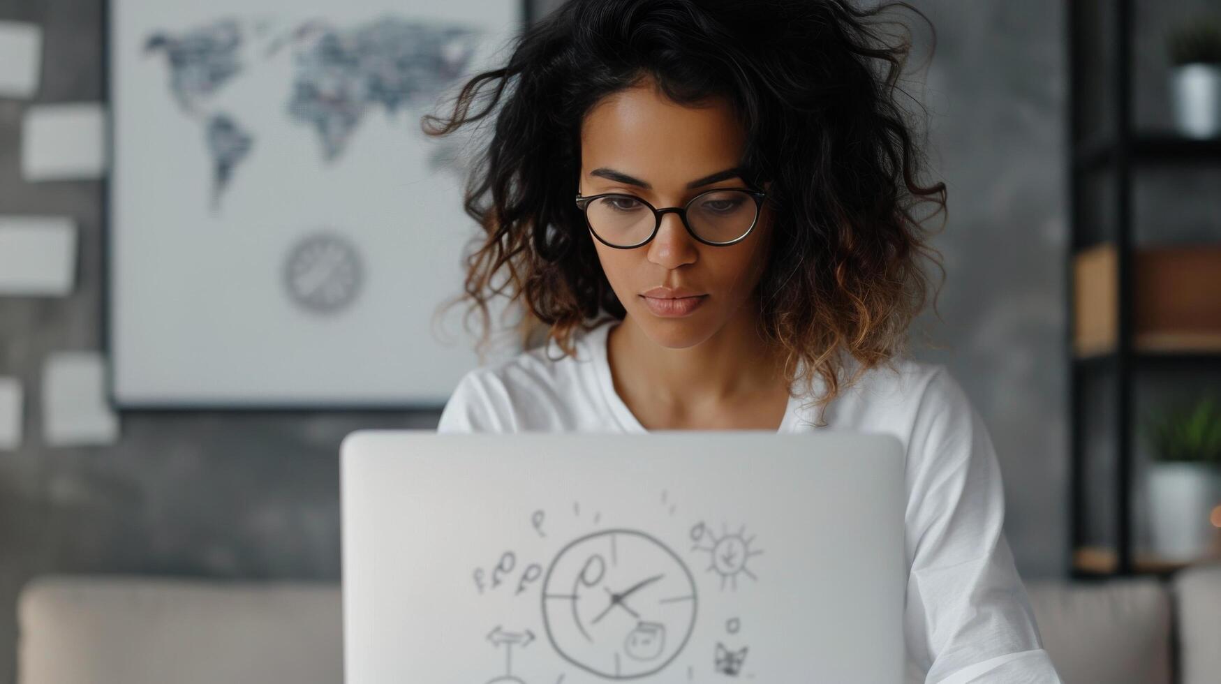 Woman Working on Laptop in Modern Workspace With World Map on Wall photo