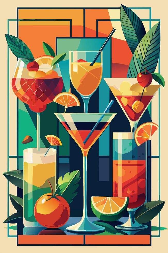 Drinks in painting Rangpur, Bay Breeze, Martini with clementine citrus vector