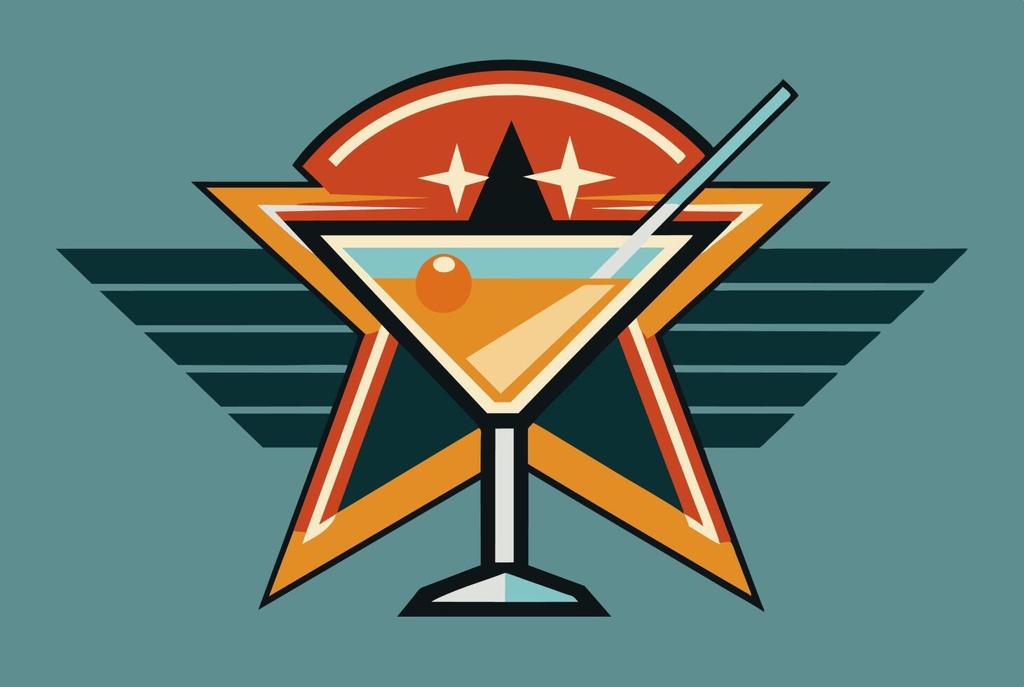 A martini glass with a straw is in the center, surrounded by a star vector