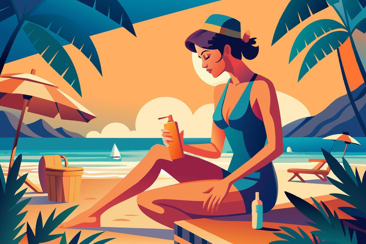 Of a woman applying sunscreen at the beach vector