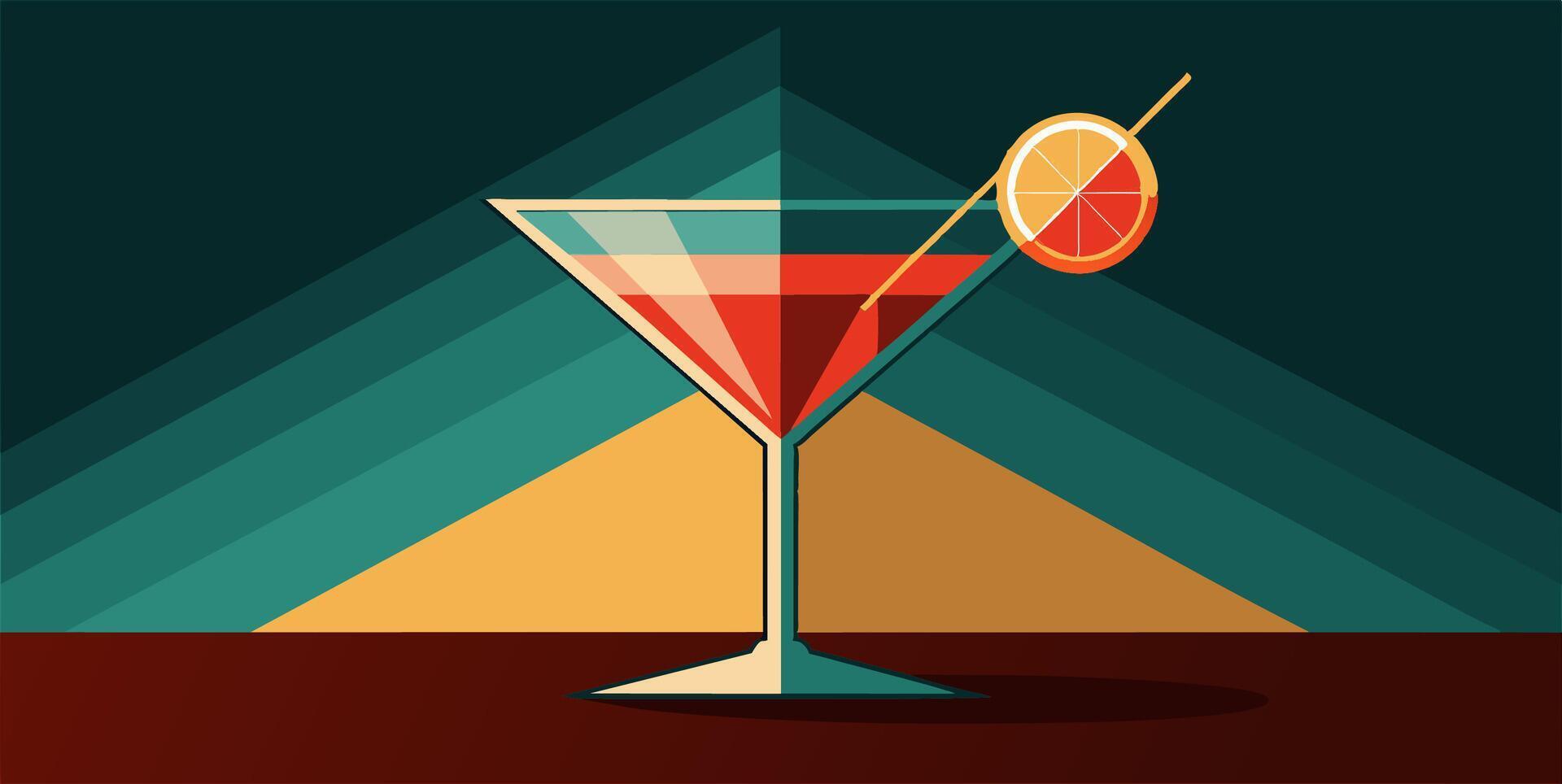 A martini glass topped with a cherry on a stick displayed on a table vector