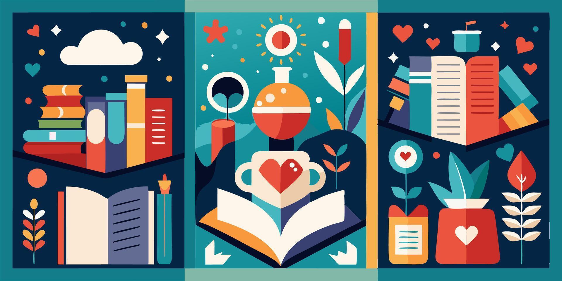 Set of three posters with books, flowers, plants, and a heart vector