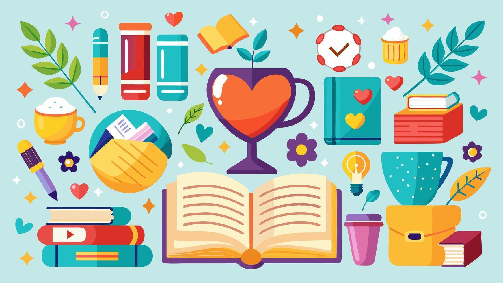 Many types of books and objects are in the illustration vector