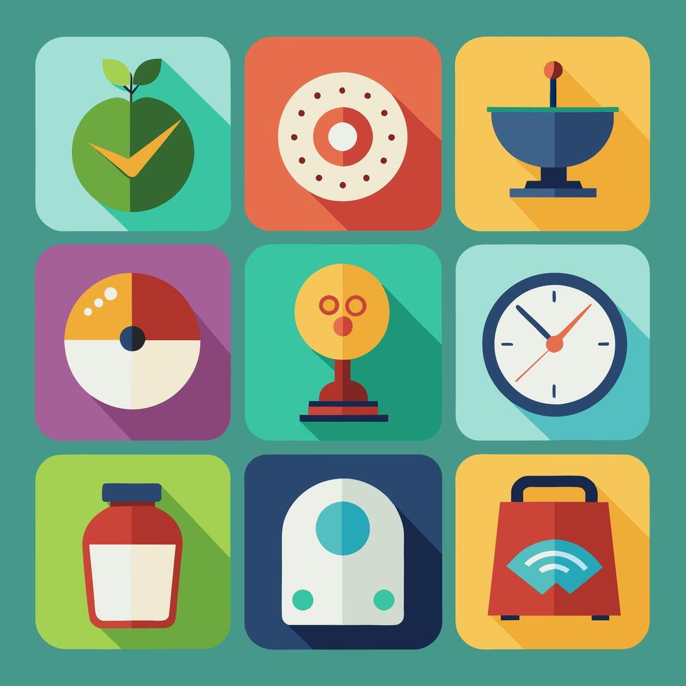 Vibrant icons featuring shadows against a green background vector